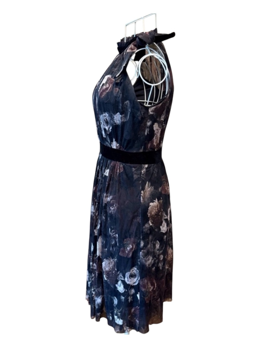 Fuzzi Dark Floral Mesh Halter Dress Black Velvet Waist Trim Size S - Picture 6 of 8